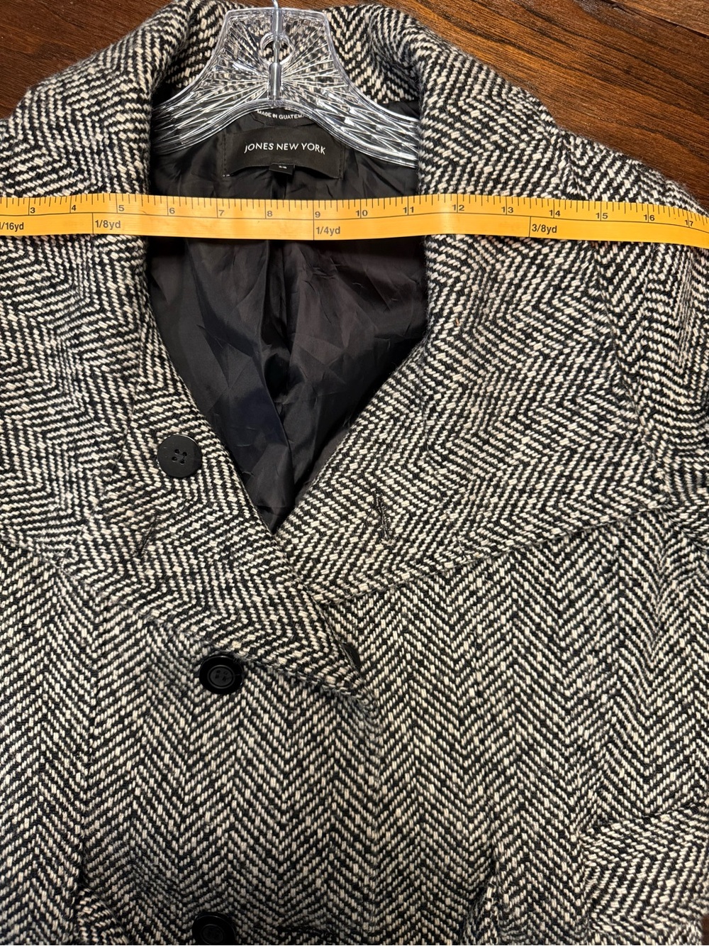 Jones NY Tweed Peacoat 14 Black White Herringbone Belted WoolBlend Coat Academia - Picture 15 of 16